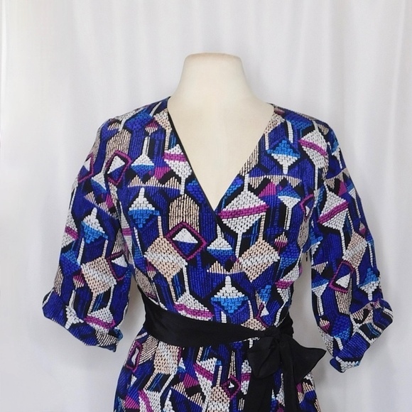 YUMI KIM Silk Faux Wrap Abstract Geometric Print Mini Dress Bright Medium - Picture 4 of 11